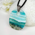 Turquoise Blue White Stripe Ocean Oval, Fused Glass Necklace, Fused Glass Pendant