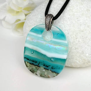 Turquoise Blue White Stripe Ocean Oval, Fused Glass Necklace, Fused Glass Pendant