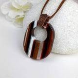 Brown Amber White Clear Stripe Oval, Fused Glass Necklace, Fused Glass Pendant