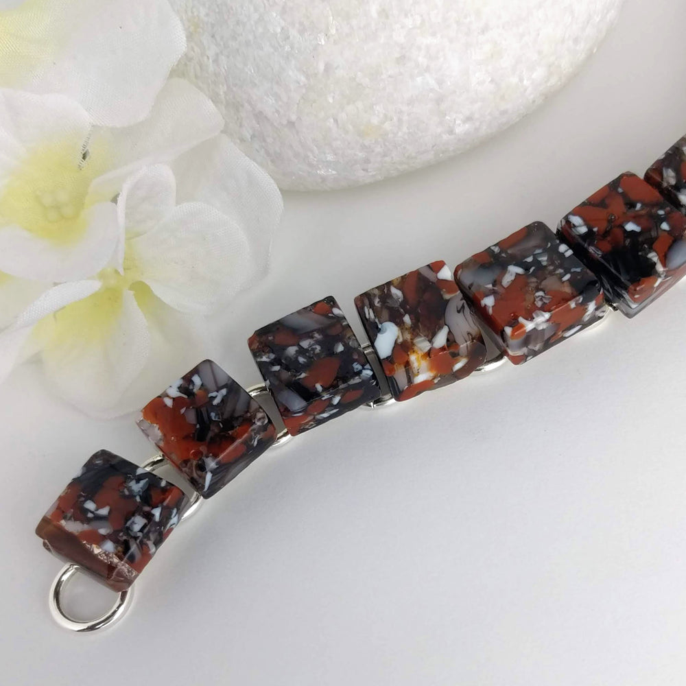 Black Brown White Sienna Link Bracelet, Dichroic Bracelet, Fused Glass Bracelet, Handmade Bracelet