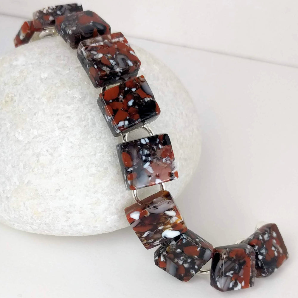 Black Brown White Sienna Link Bracelet, Dichroic Bracelet, Fused Glass Bracelet, Handmade Bracelet