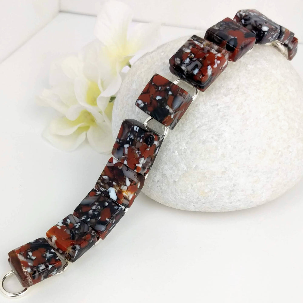 Black Brown White Sienna Link Bracelet, Dichroic Bracelet, Fused Glass Bracelet, Handmade Bracelet