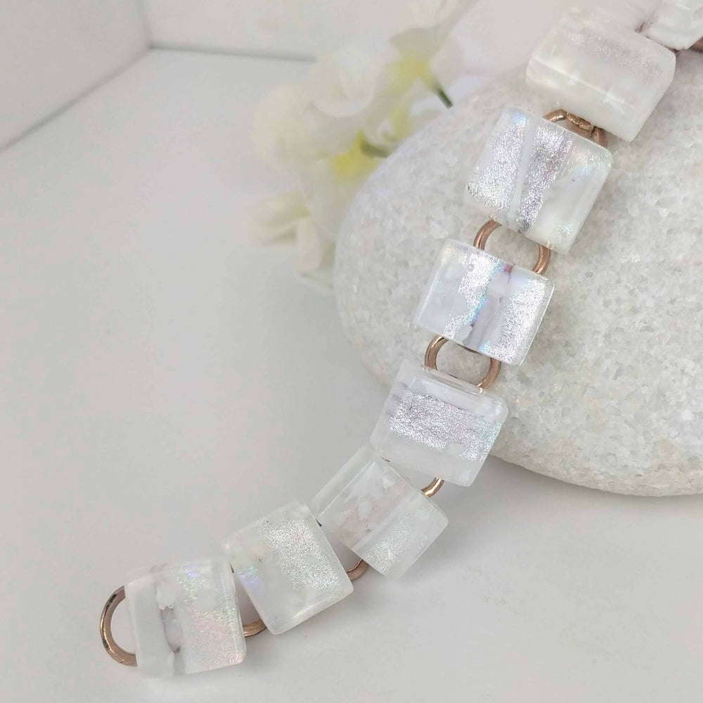 Frosty Ice White Link Bracelet, Dichroic Bracelet, Fused Glass Bracelet, Handmade Bracelet