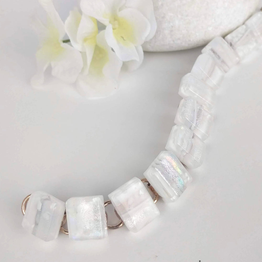 Frosty Ice White Link Bracelet, Dichroic Bracelet, Fused Glass Bracelet, Handmade Bracelet