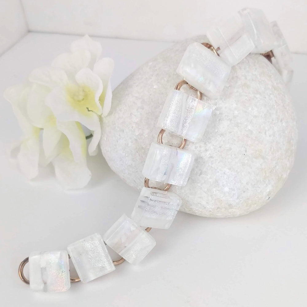Frosty Ice White Link Bracelet, Dichroic Bracelet, Fused Glass Bracelet, Handmade Bracelet