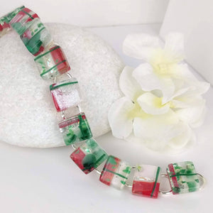 Red White Green Stripe Link Bracelet, Dichroic Bracelet, Fused Glass Bracelet, Handmade Bracelet
