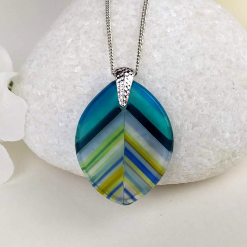 Aqua Clear Blue Stripe Leaf, Fused Glass Necklace, Fused Glass Pendant, Fused Glass Jewelry