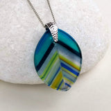 Aqua Clear Blue Stripe Leaf, Fused Glass Necklace, Fused Glass Pendant, Fused Glass Jewelry