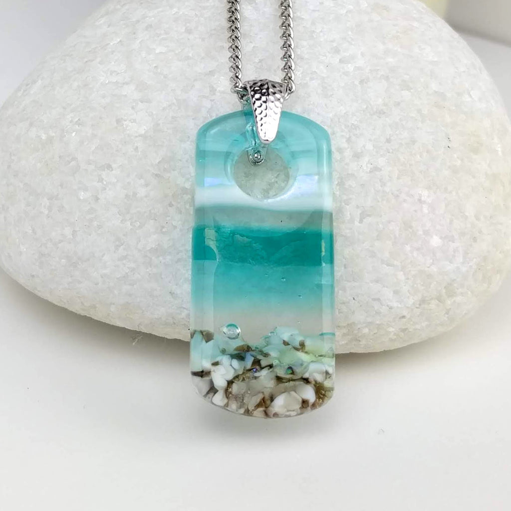 Aqua Turquoise Rectangle, Fused Glass Necklace, Fused Glass Pendant, Fused Glass Jewelry, Dichroic Glass, Glass Jewelry