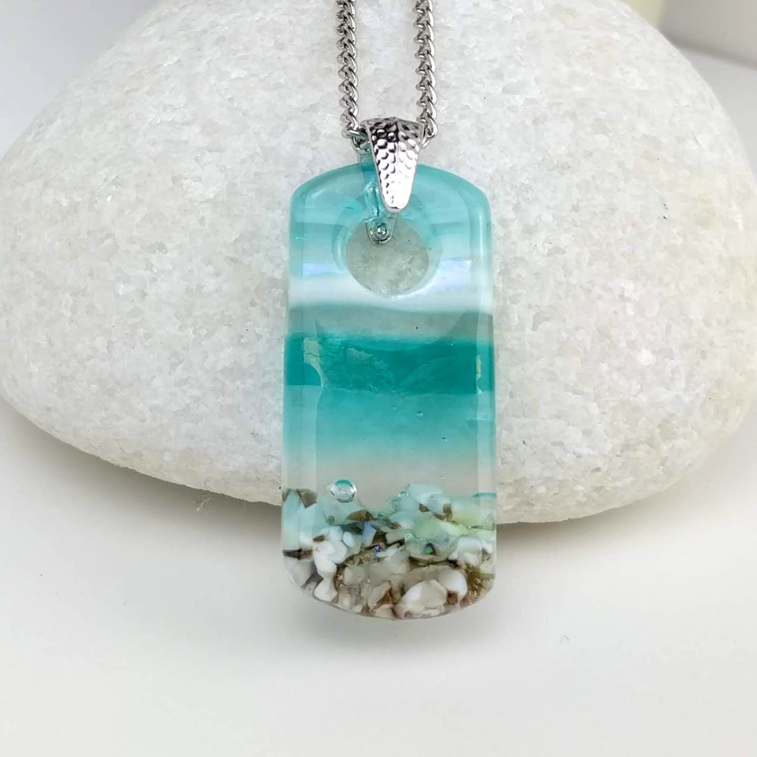 Aqua Turquoise Rectangle, Fused Glass Necklace, Fused Glass Pendant, Fused Glass Jewelry, Dichroic Glass, Glass Jewelry
