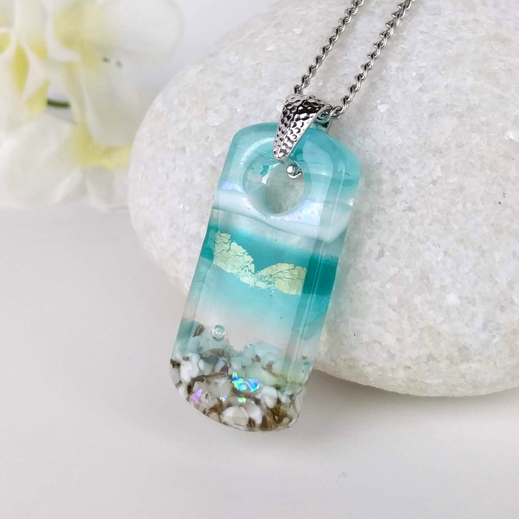 Aqua Turquoise Rectangle, Fused Glass Necklace, Fused Glass Pendant, Fused Glass Jewelry, Dichroic Glass, Glass Jewelry