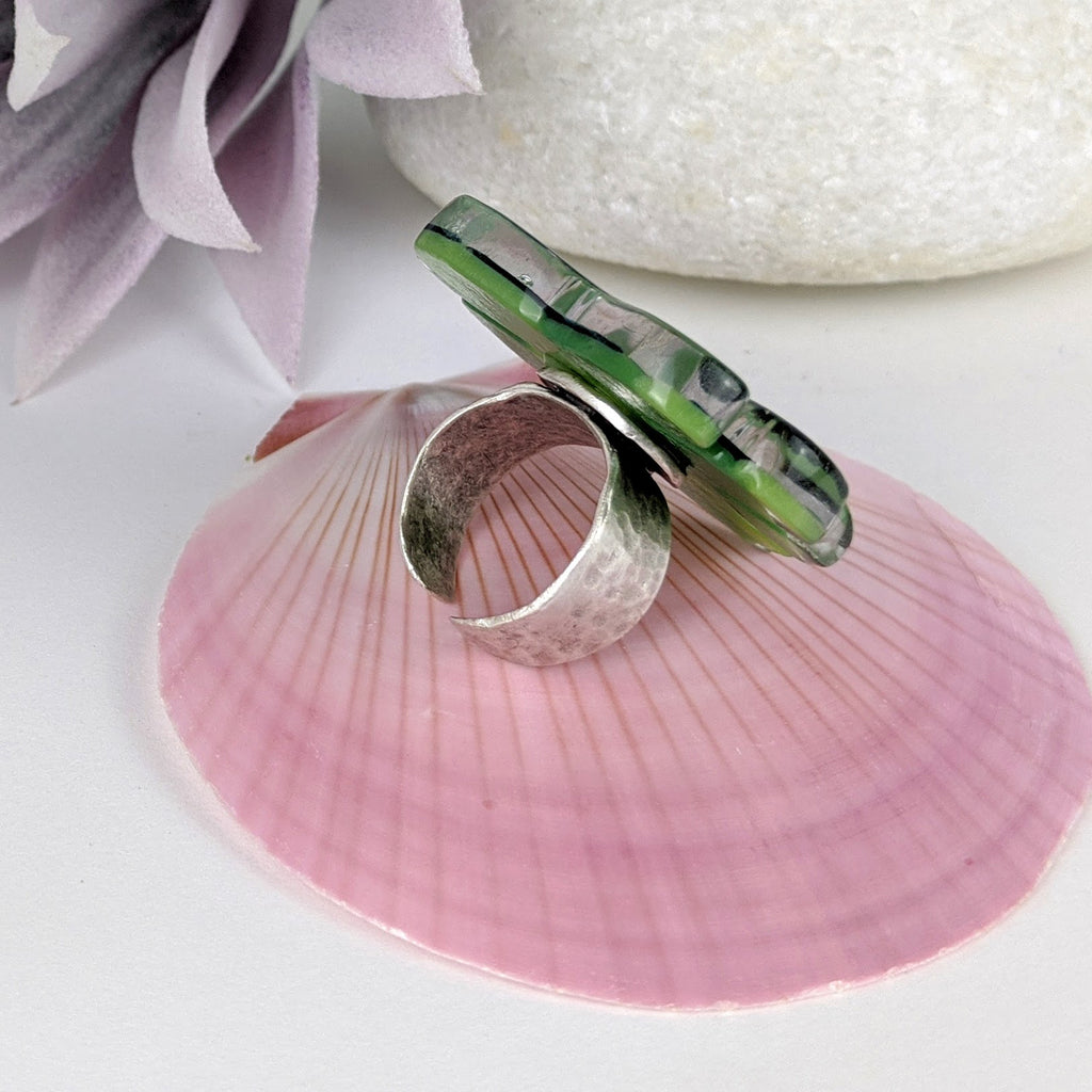 Green Monstera Statement Ring, Modern Cocktail Ring, Antiqued Silver Fused Glass Adjustable Ring
