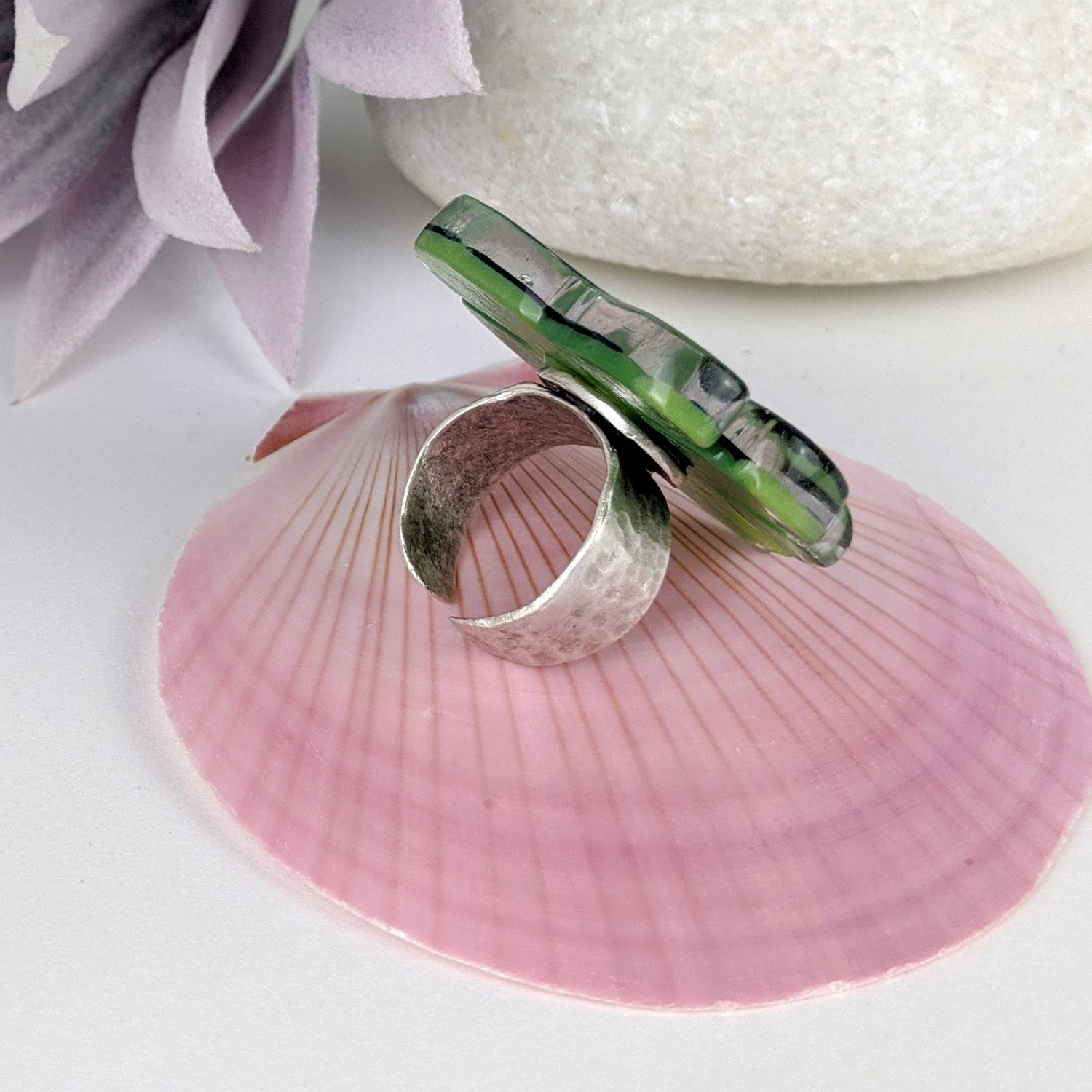 Green Monstera Statement Ring, Modern Cocktail Ring, Antiqued Silver Fused Glass Adjustable Ring