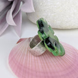 Green Monstera Statement Ring, Modern Cocktail Ring, Antiqued Silver Fused Glass Adjustable Ring