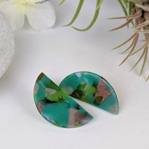Turquoise Lavender Stud Half Round, Fused Glass Earrings, Unique Handmade Earrings, Glass Jewelry