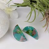 Turquoise Lavender Stud Half Round, Fused Glass Earrings, Unique Handmade Earrings, Glass Jewelry
