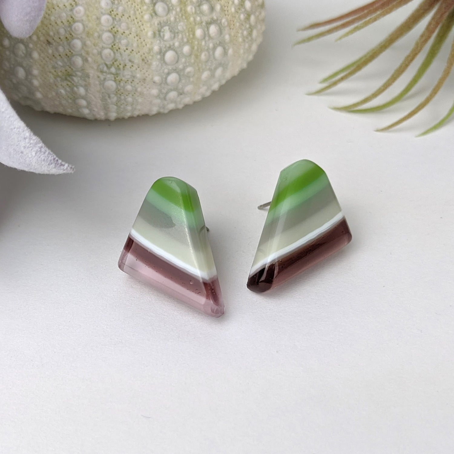 Lavender Green Stripe Drop Stud, Fused Glass Earrings, Unique Handmade Earrings, Fused Glass Jewelry