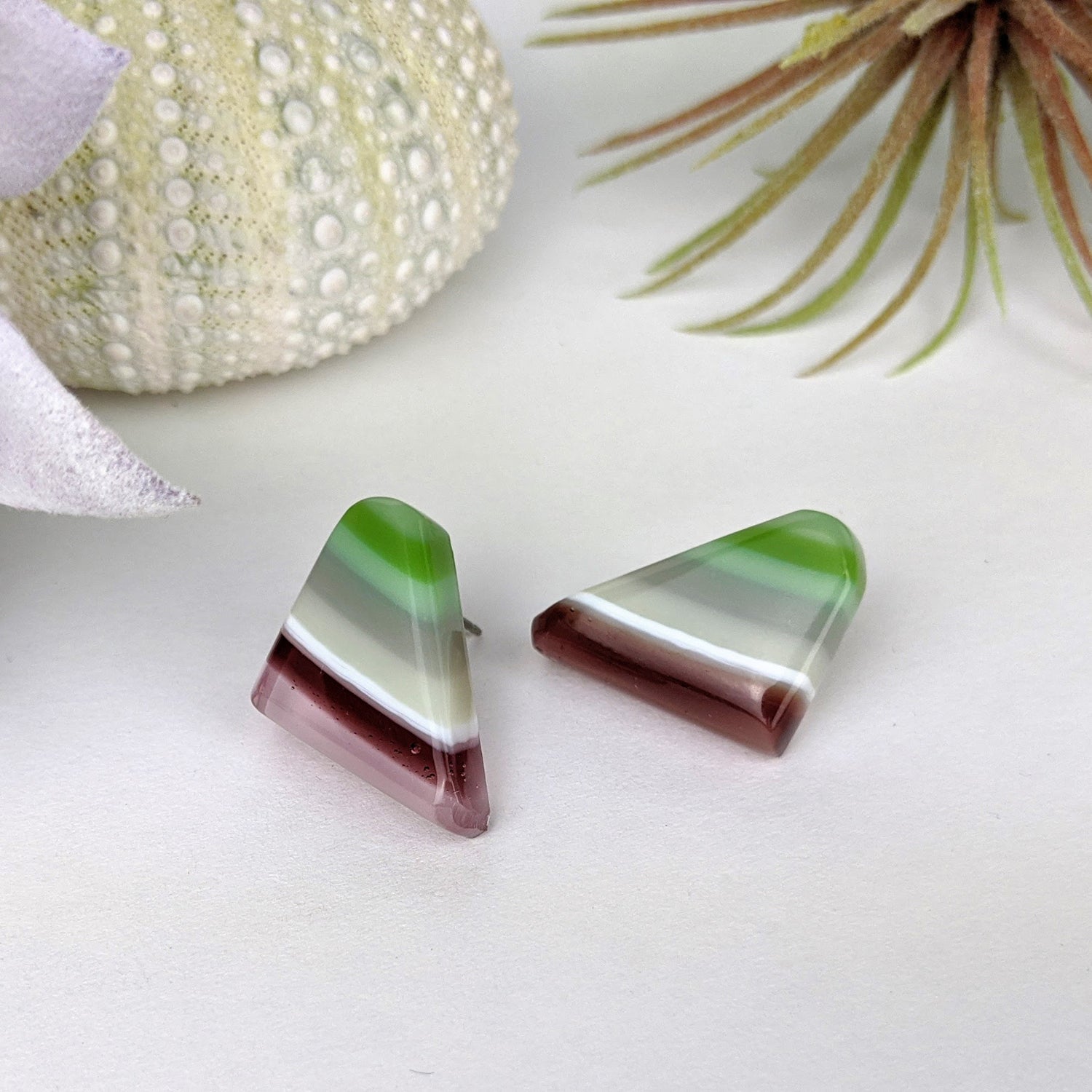 Lavender Green Stripe Drop Stud, Fused Glass Earrings, Unique Handmade Earrings, Fused Glass Jewelry
