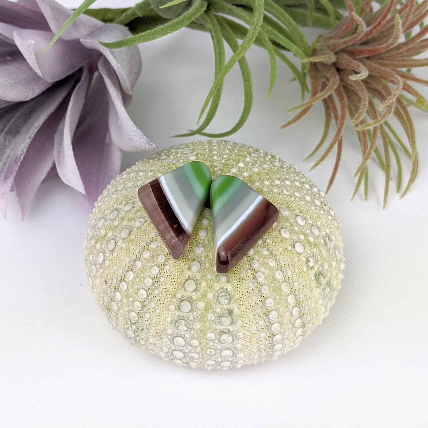 Lavender Green Stripe Drop Stud, Fused Glass Earrings, Unique Handmade Earrings, Fused Glass Jewelry