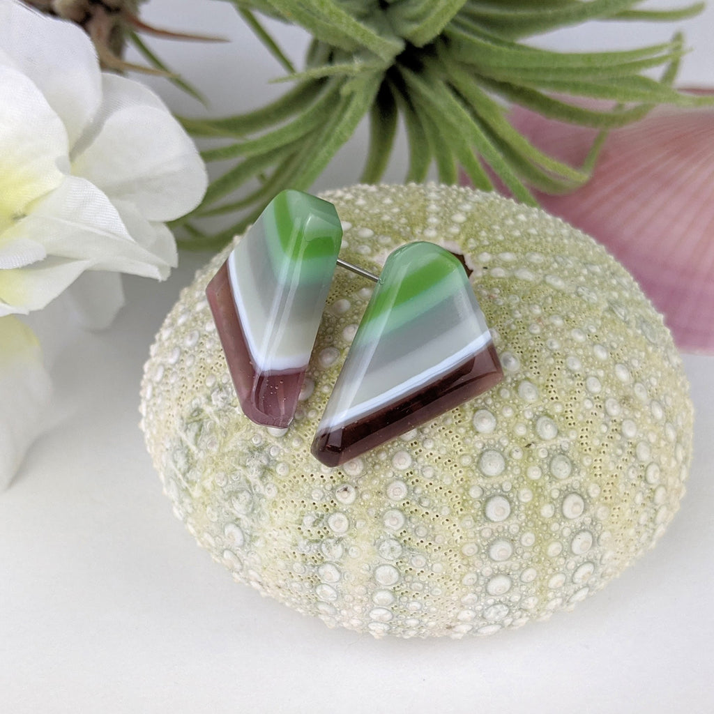 Lavender Green Stripe Drop Stud, Fused Glass Earrings, Unique Handmade Earrings, Fused Glass Jewelry