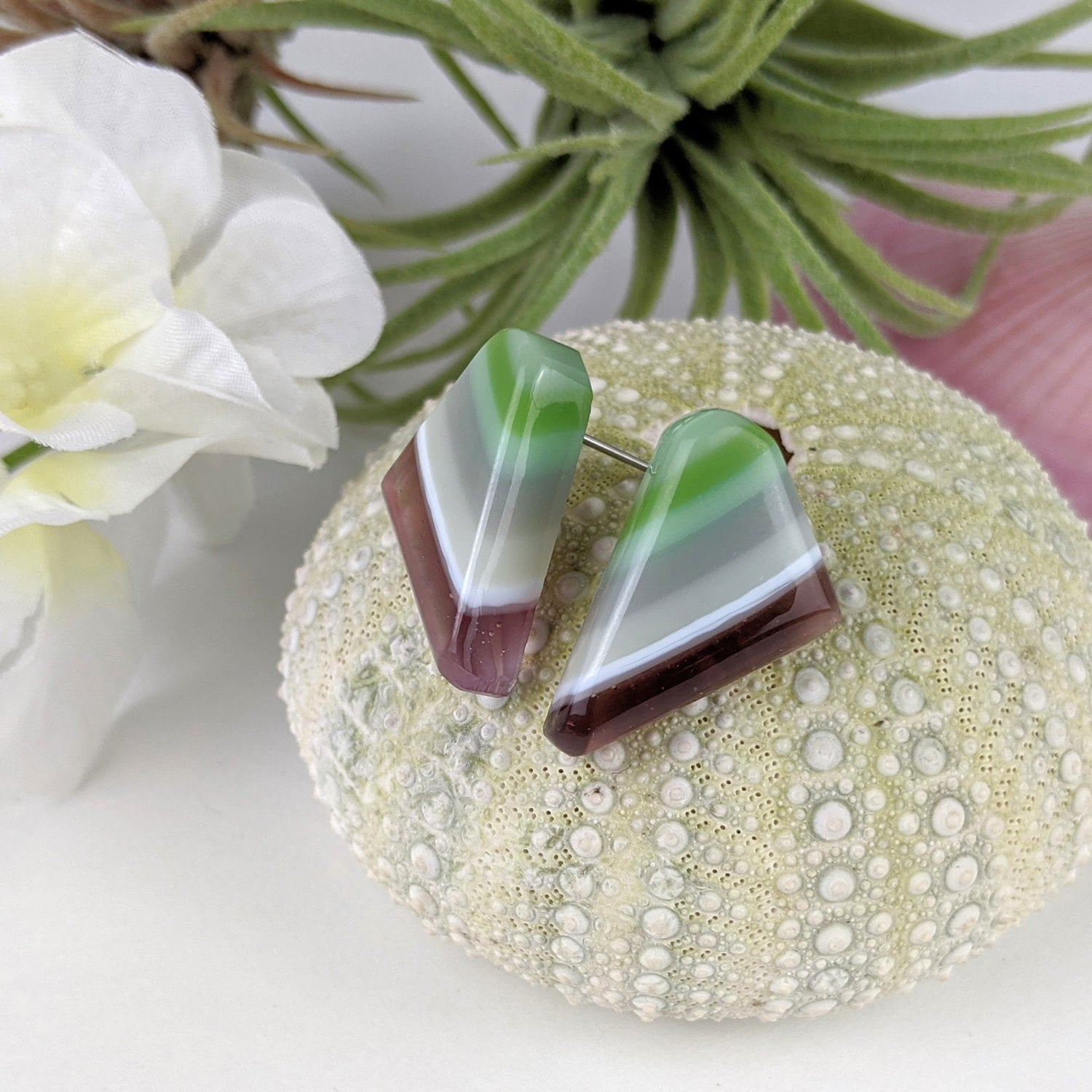 Lavender Green Stripe Drop Stud, Fused Glass Earrings, Unique Handmade Earrings, Fused Glass Jewelry