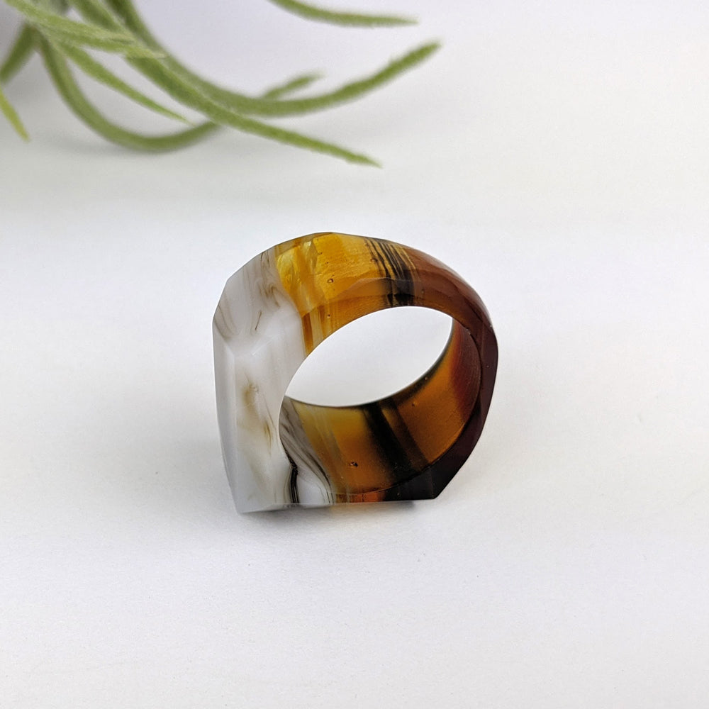 Dark Amber Gray Faceted Statement Ring, Cocktail Ring, Hand Carved Chunky Ring, Big Glass Ring