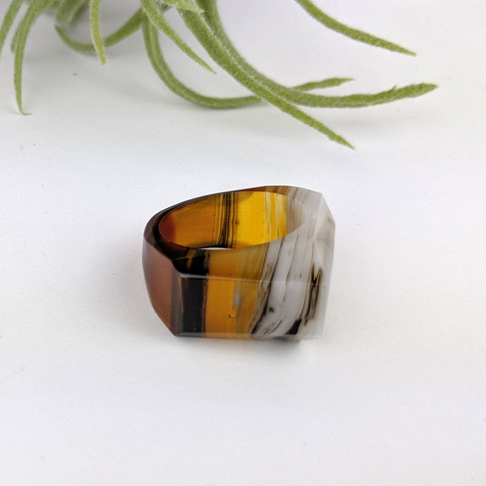 Dark Amber Gray Faceted Statement Ring, Cocktail Ring, Hand Carved Chunky Ring, Big Glass Ring