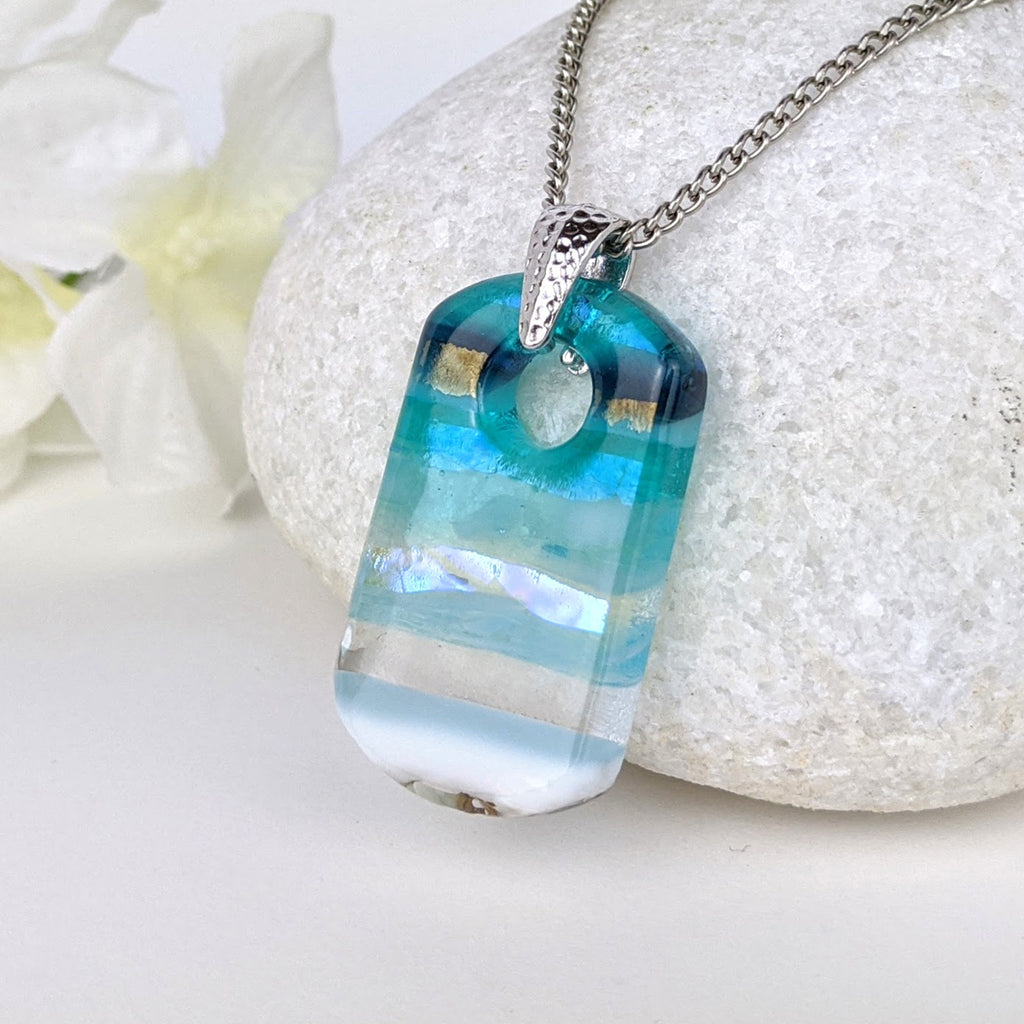 Aqua Turquoise Blue Seascape, Fused Glass Beach Necklace, Glass Pendant, Fused Glass Ocean Jewelry