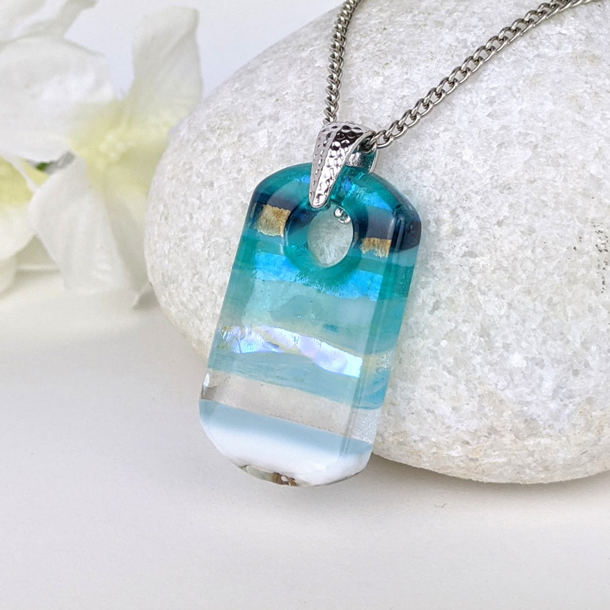 Aqua Turquoise Blue Seascape, Fused Glass Beach Necklace, Glass Pendant, Fused Glass Ocean Jewelry