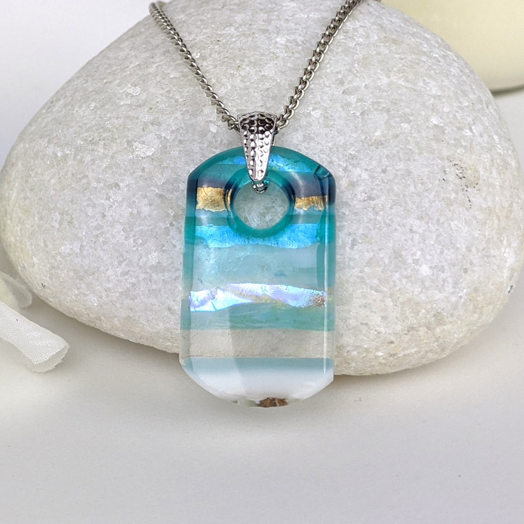 Aqua Turquoise Blue Seascape, Fused Glass Beach Necklace, Glass Pendant, Fused Glass Ocean Jewelry