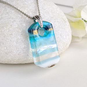 Aqua Turquoise Blue Seascape, Fused Glass Beach Necklace, Glass Pendant, Fused Glass Ocean Jewelry