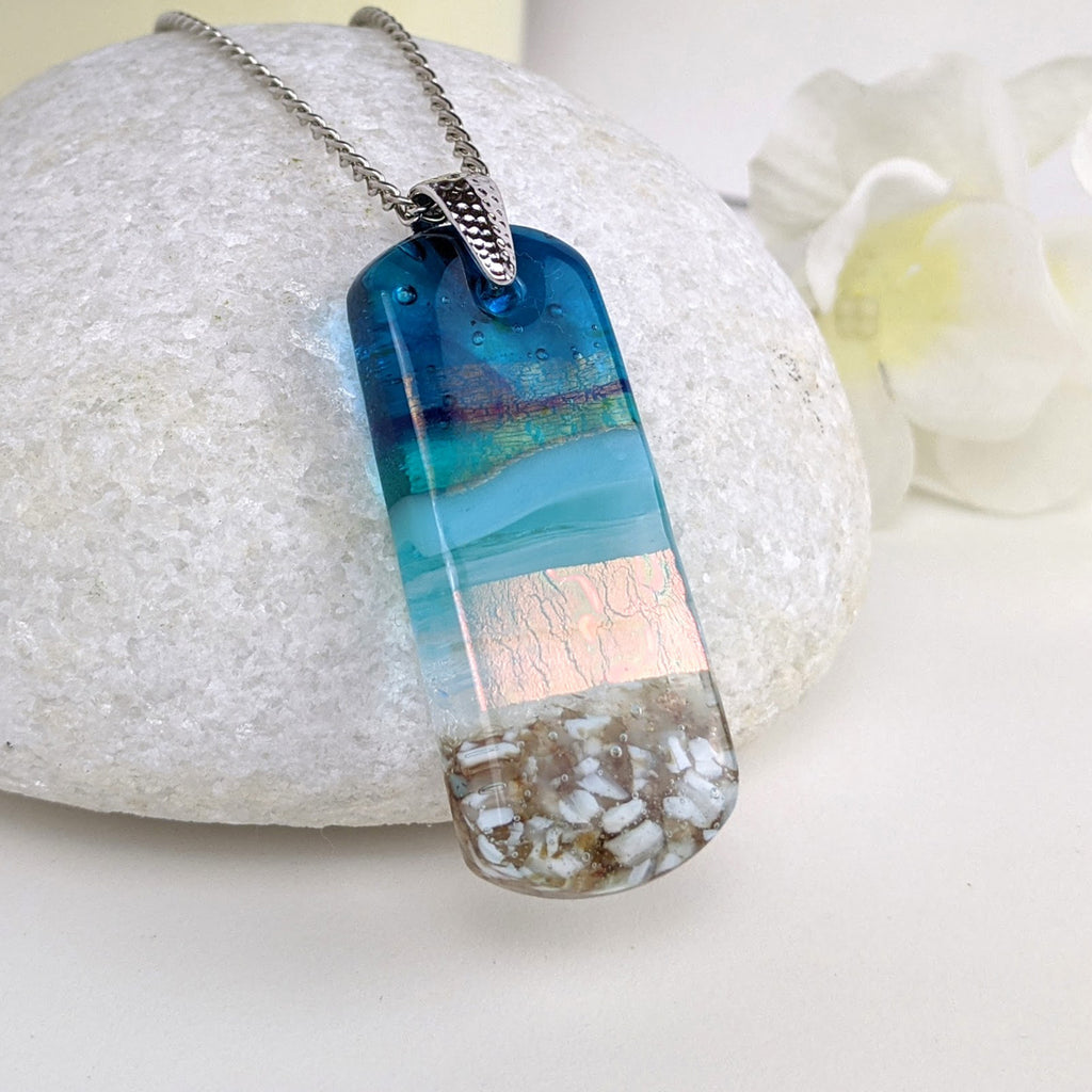 Aqua Turquoise Blue Seascape, Fused Glass Beach Necklace, Glass Pendant, Fused Glass Ocean Jewelry