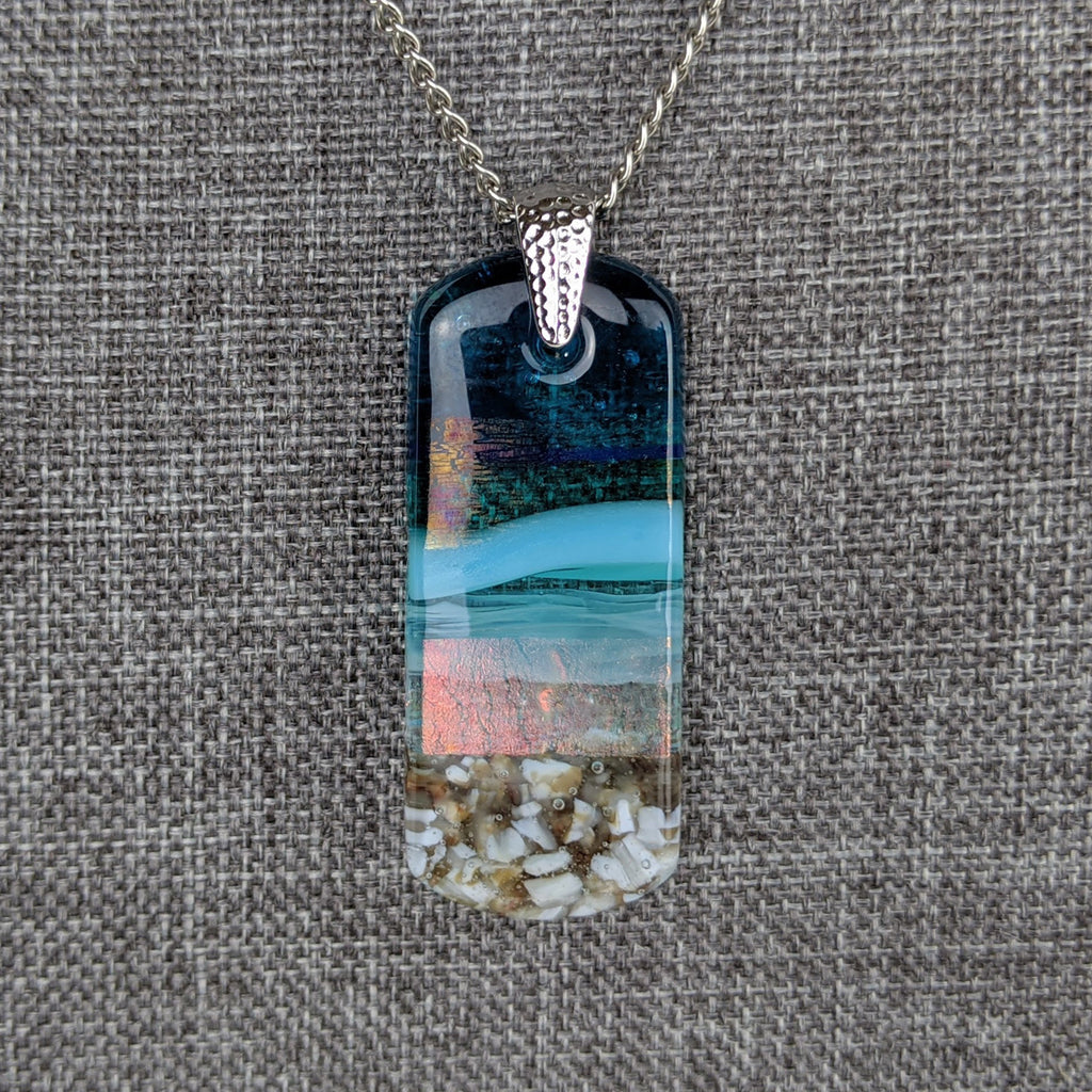 Aqua Turquoise Blue Seascape, Fused Glass Beach Necklace, Glass Pendant, Fused Glass Ocean Jewelry