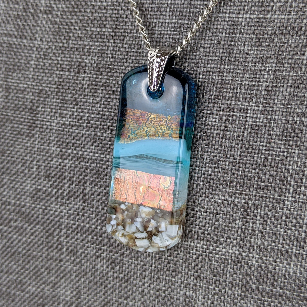 Aqua Turquoise Blue Seascape, Fused Glass Beach Necklace, Glass Pendant, Fused Glass Ocean Jewelry