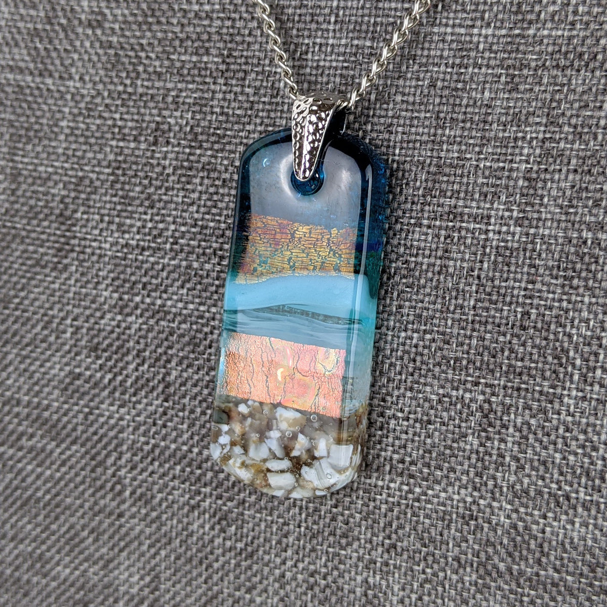 Aqua Turquoise Blue Seascape, Fused Glass Beach Necklace, Glass Pendant, Fused Glass Ocean Jewelry