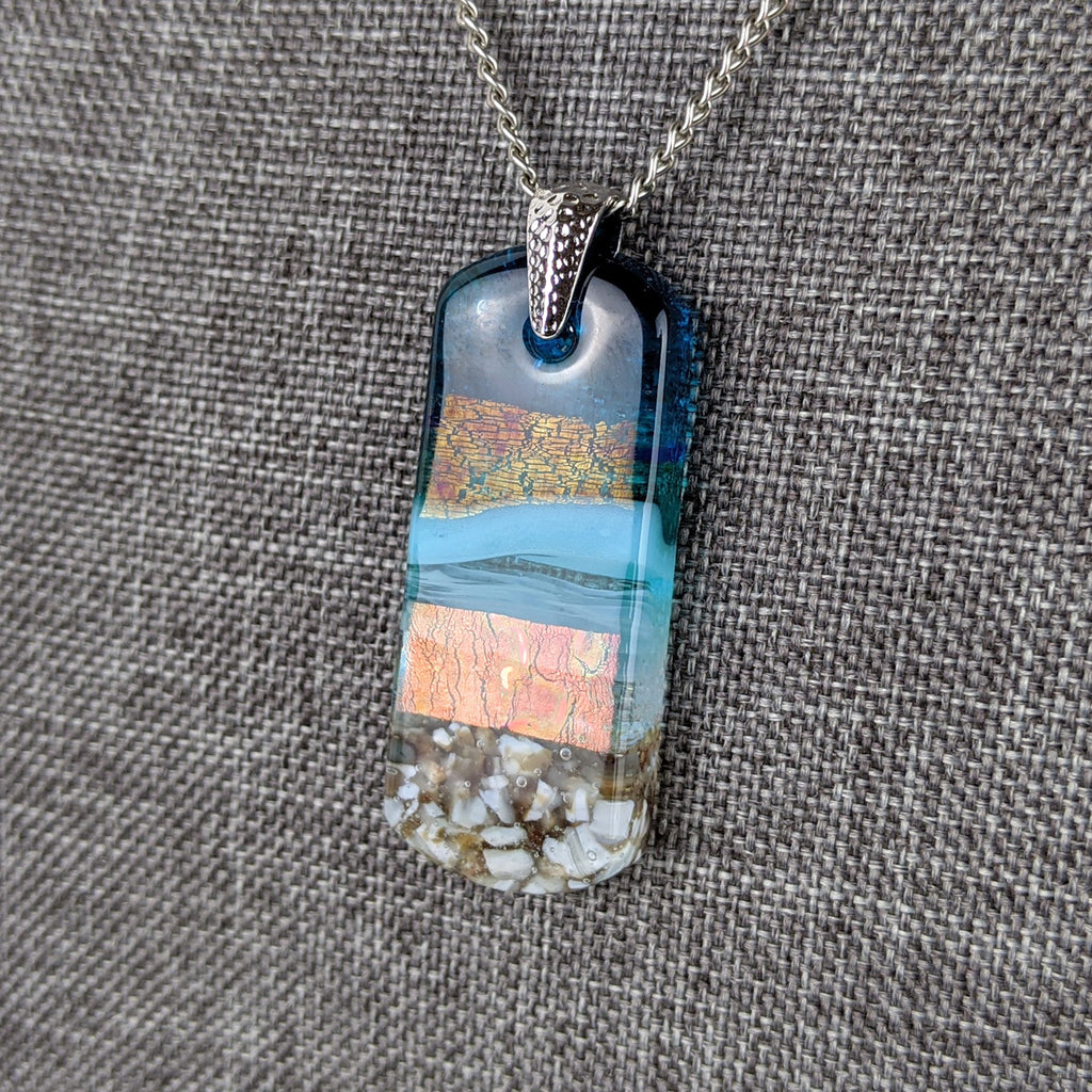 Aqua Turquoise Blue Seascape, Fused Glass Beach Necklace, Glass Pendant, Fused Glass Ocean Jewelry