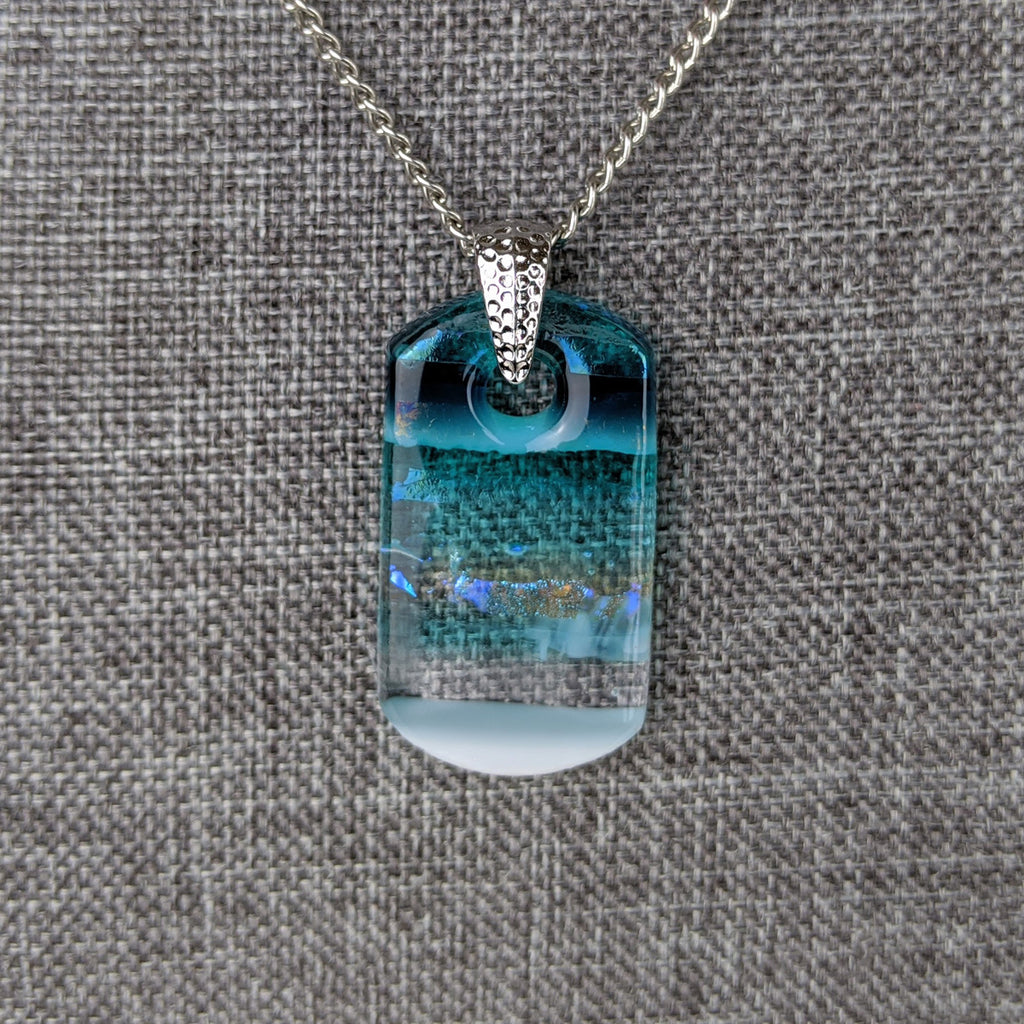 Aqua Turquoise Blue Seascape, Fused Glass Beach Necklace, Glass Pendant, Fused Glass Ocean Jewelry