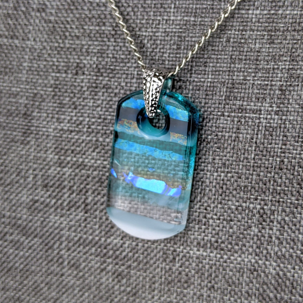 Aqua Turquoise Blue Seascape, Fused Glass Beach Necklace, Glass Pendant, Fused Glass Ocean Jewelry