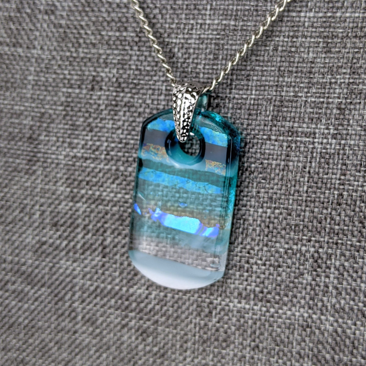 Aqua Turquoise Blue Seascape, Fused Glass Beach Necklace, Glass Pendant, Fused Glass Ocean Jewelry