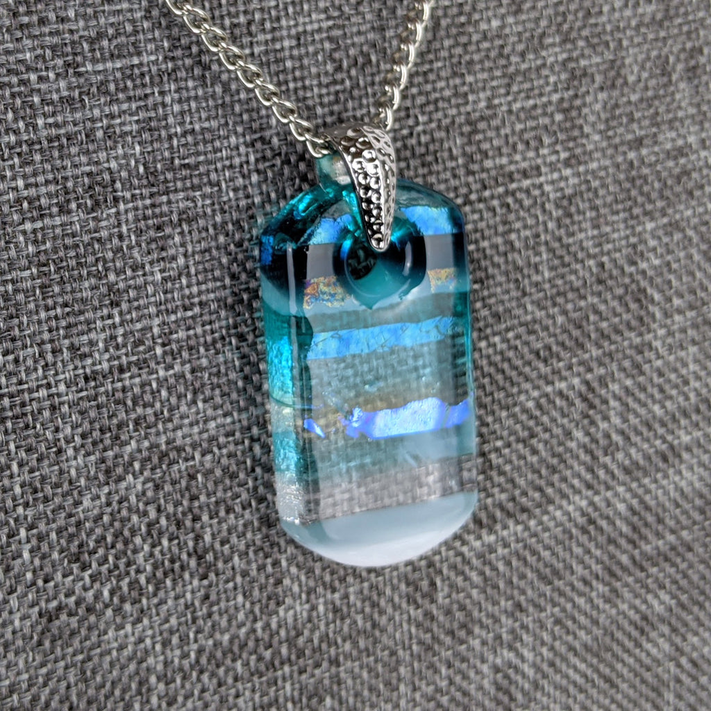 Aqua Turquoise Blue Seascape, Fused Glass Beach Necklace, Glass Pendant, Fused Glass Ocean Jewelry