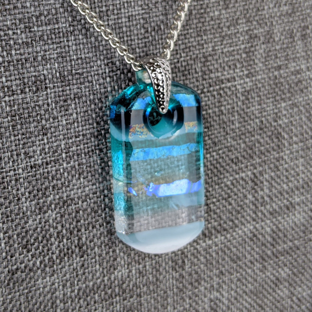 Aqua Turquoise Blue Seascape, Fused Glass Beach Necklace, Glass Pendant, Fused Glass Ocean Jewelry