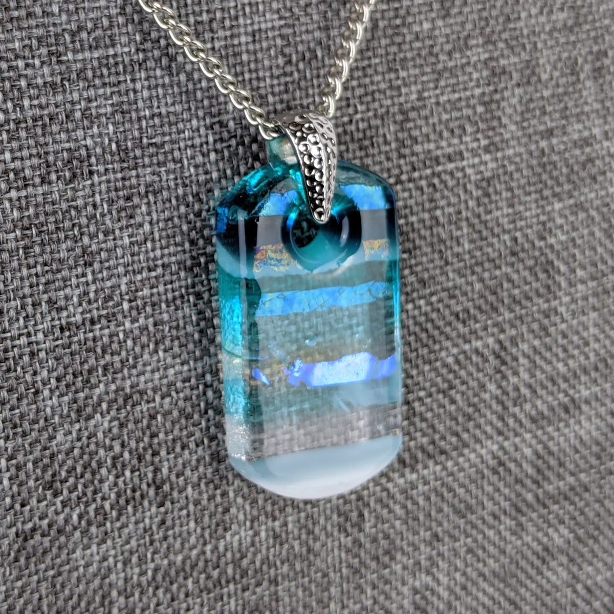 Aqua Turquoise Blue Seascape, Fused Glass Beach Necklace, Glass Pendant, Fused Glass Ocean Jewelry