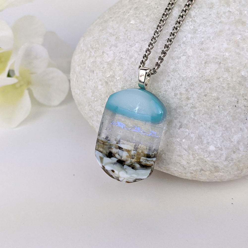 Aqua Turquoise Blue Seascape, Fused Glass Beach Necklace, Glass Pendant, Fused Glass Ocean Jewelry