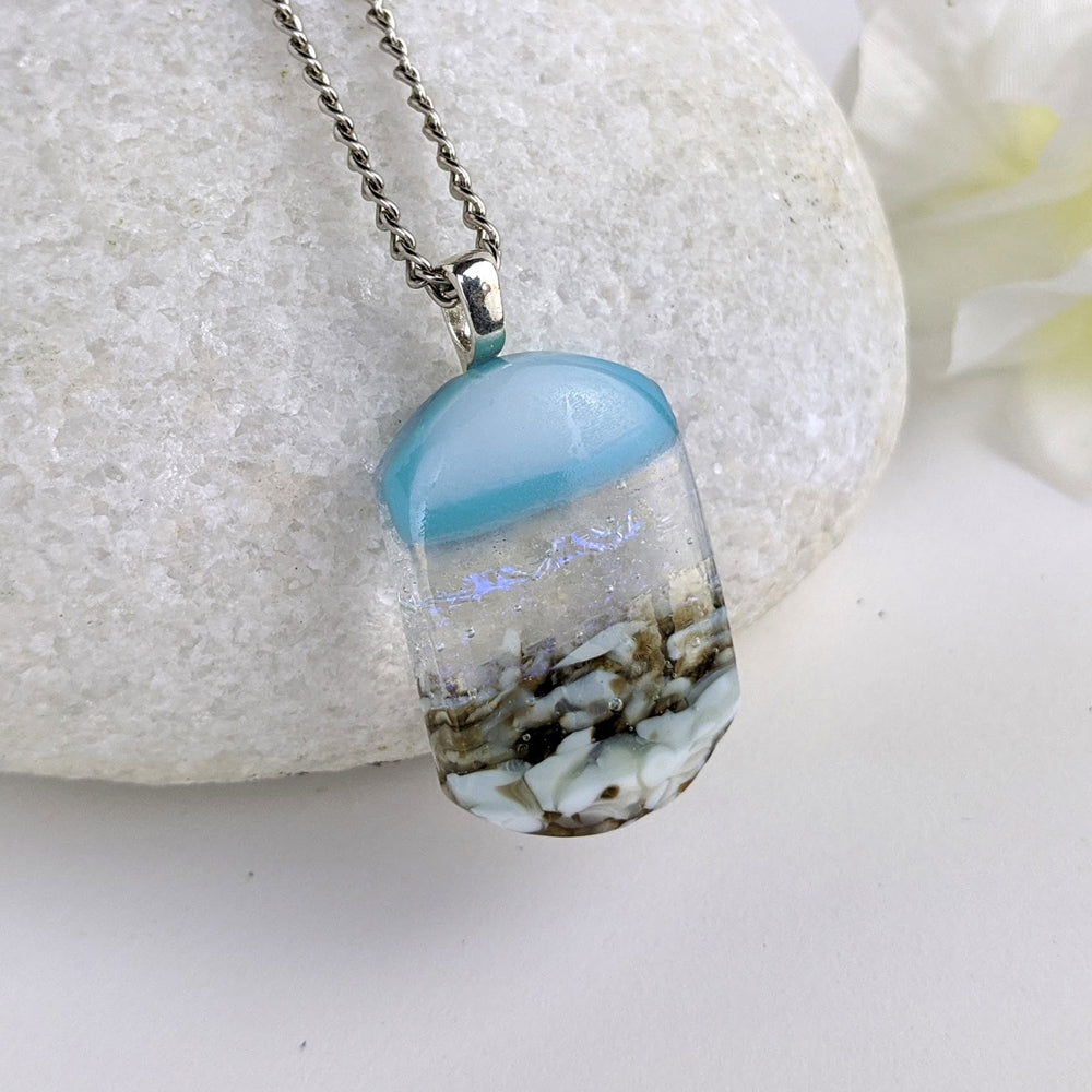 Aqua Turquoise Blue Seascape, Fused Glass Beach Necklace, Glass Pendant, Fused Glass Ocean Jewelry