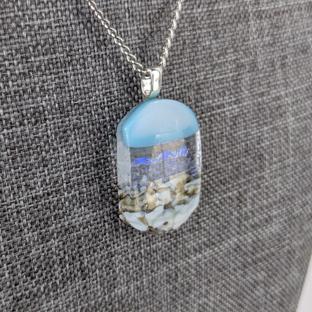 Aqua Turquoise Blue Seascape, Fused Glass Beach Necklace, Glass Pendant, Fused Glass Ocean Jewelry