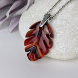 Ruby Red Amber Orange Feather Leaf, Fused Glass Necklace, Fused Glass Pendant, Native Jewelry