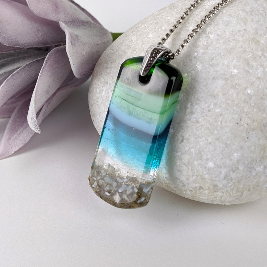 Aqua Turquoise Blue Seascape, Fused Glass Beach Necklace, Glass Pendant, Glass Ocean Jewelry