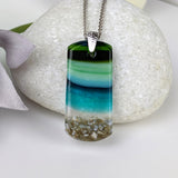 Aqua Turquoise Blue Seascape, Fused Glass Beach Necklace, Glass Pendant, Glass Ocean Jewelry