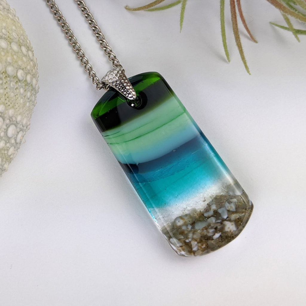 Aqua Turquoise Blue Seascape, Fused Glass Beach Necklace, Glass Pendant, Glass Ocean Jewelry