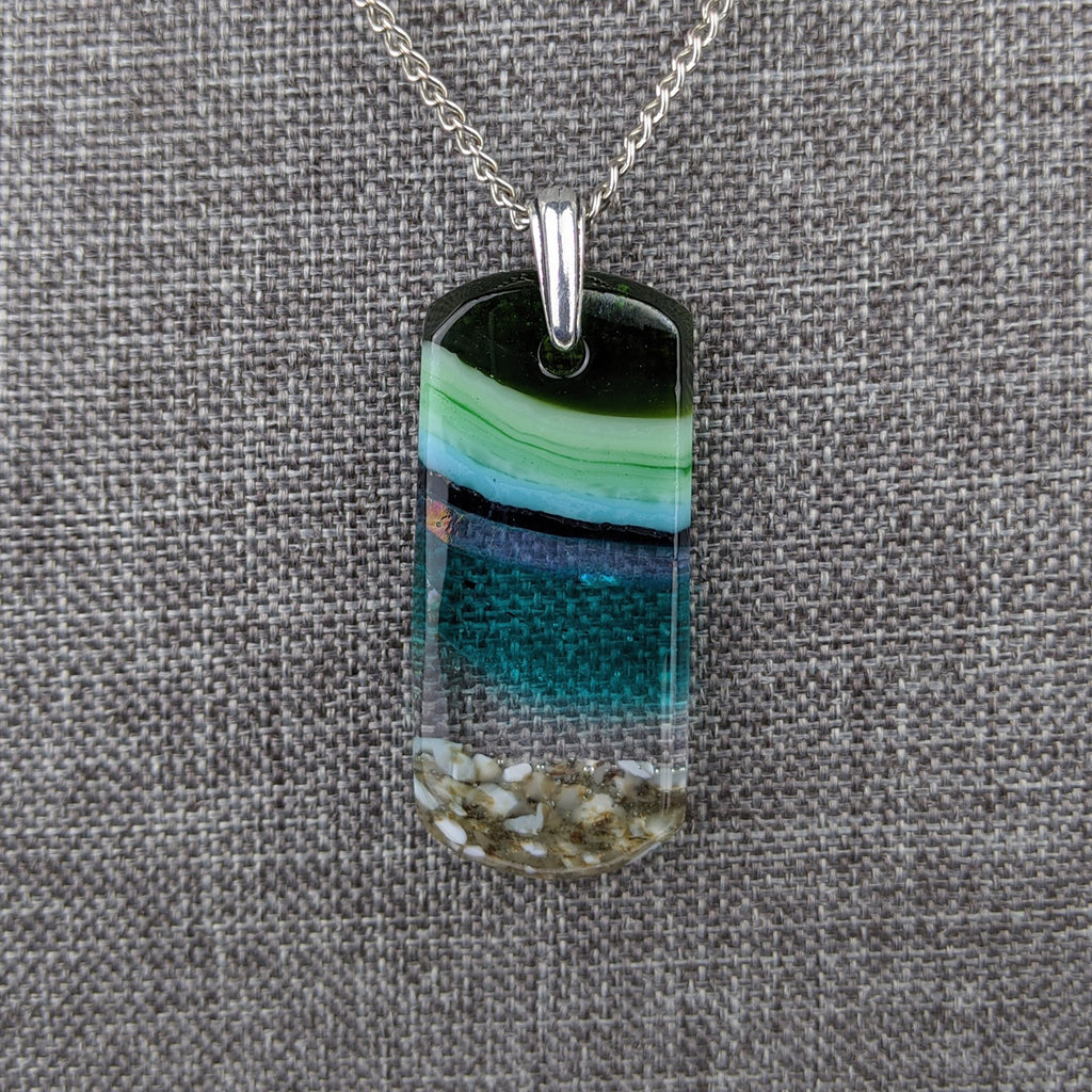 Aqua Turquoise Blue Seascape, Fused Glass Beach Necklace, Glass Pendant, Glass Ocean Jewelry